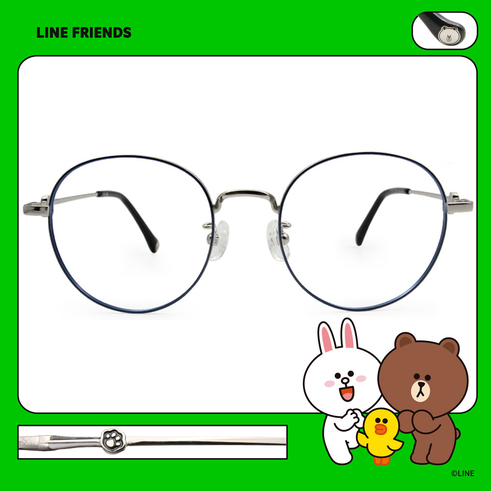 LINE FRIENDS★熊大款｜腳腳印章 波士頓框眼鏡｜鐵銀藍