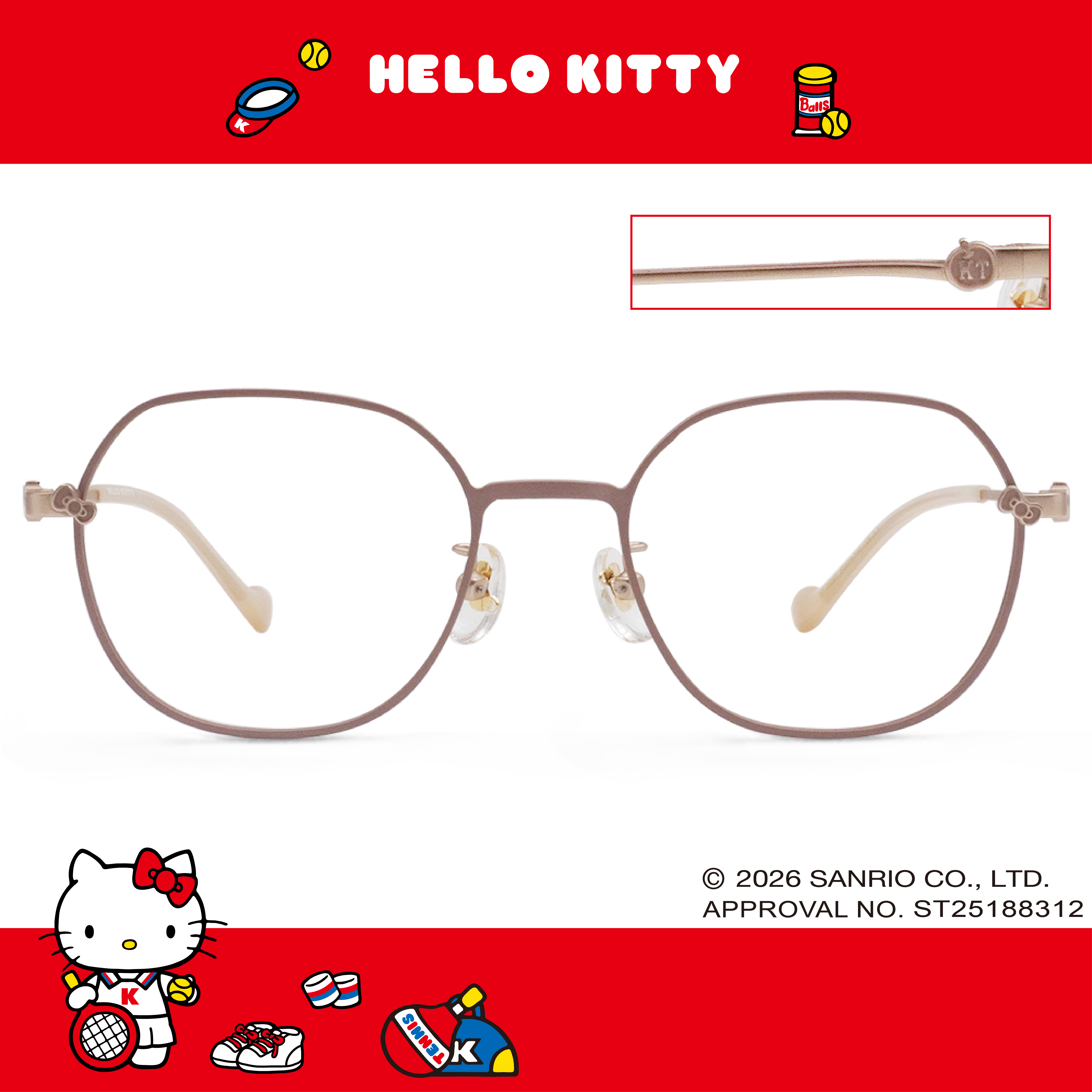 三麗鷗夢幻隊▪︎HELLO KITTY｜蘋果樂園 多邊框眼鏡｜薄霧粉