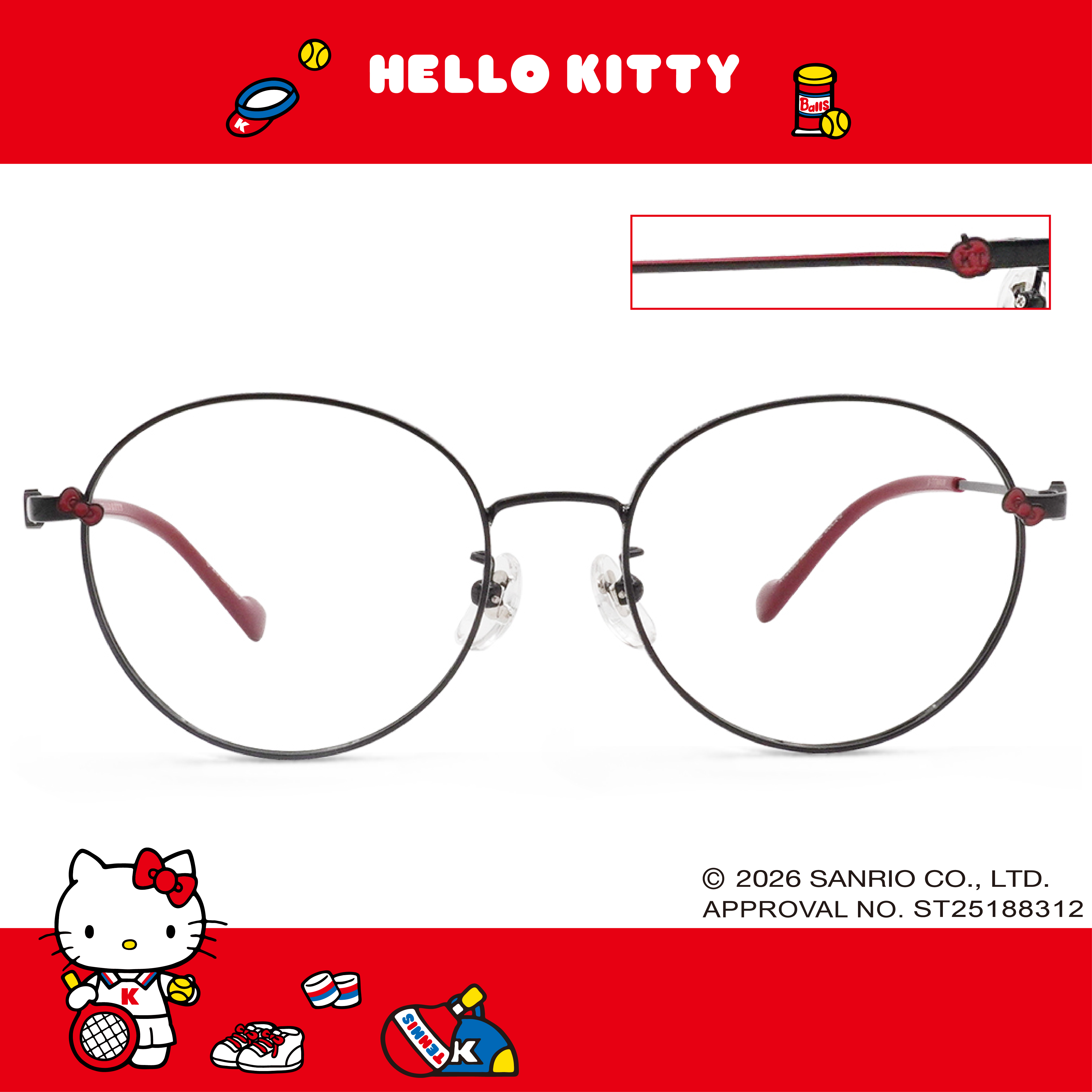 三麗鷗夢幻隊▪︎HELLO KITTY｜蝴蝶結粉光 圓框眼鏡｜黑搭紅