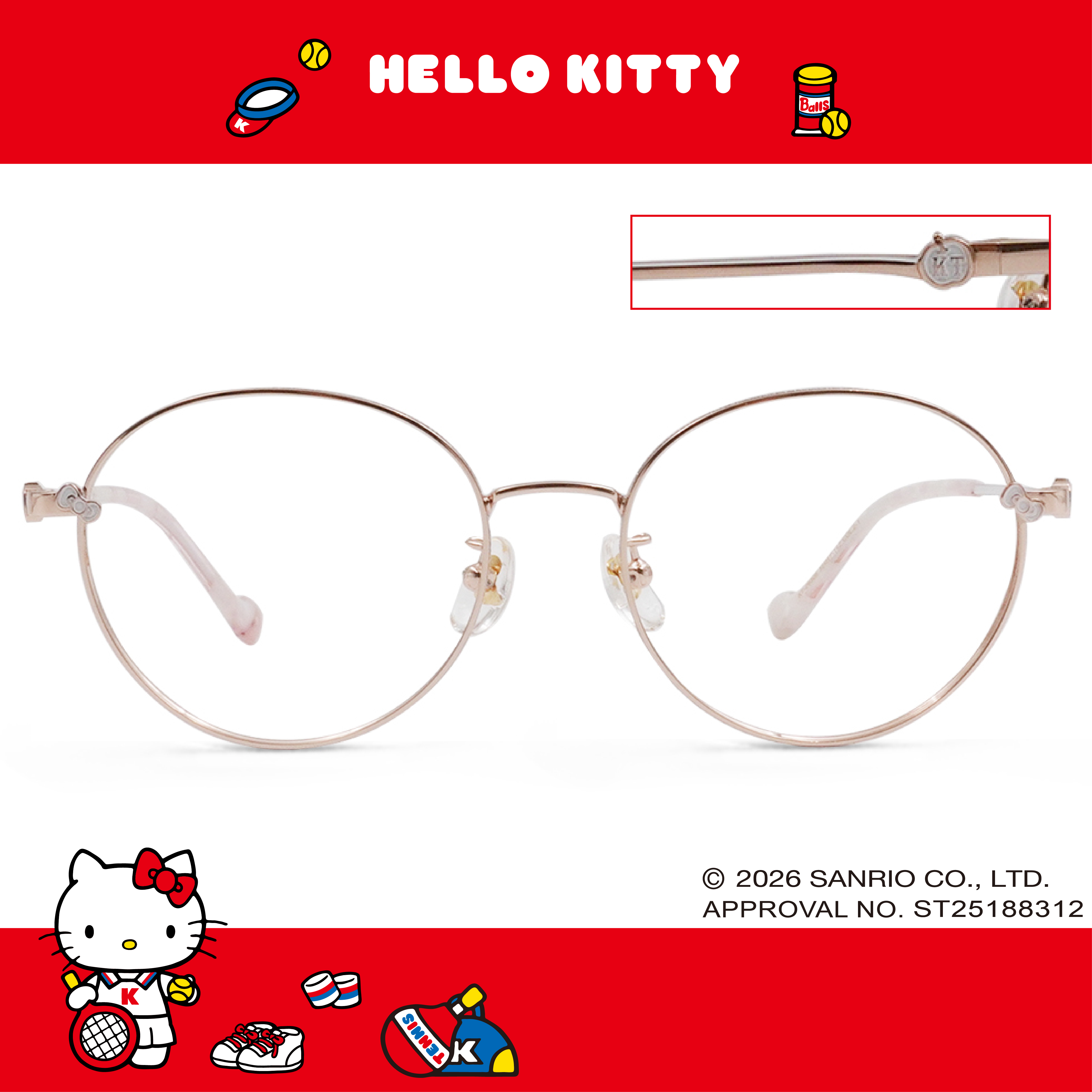 三麗鷗夢幻隊▪︎HELLO KITTY｜蝴蝶結粉光 圓框眼鏡｜晨曦粉金