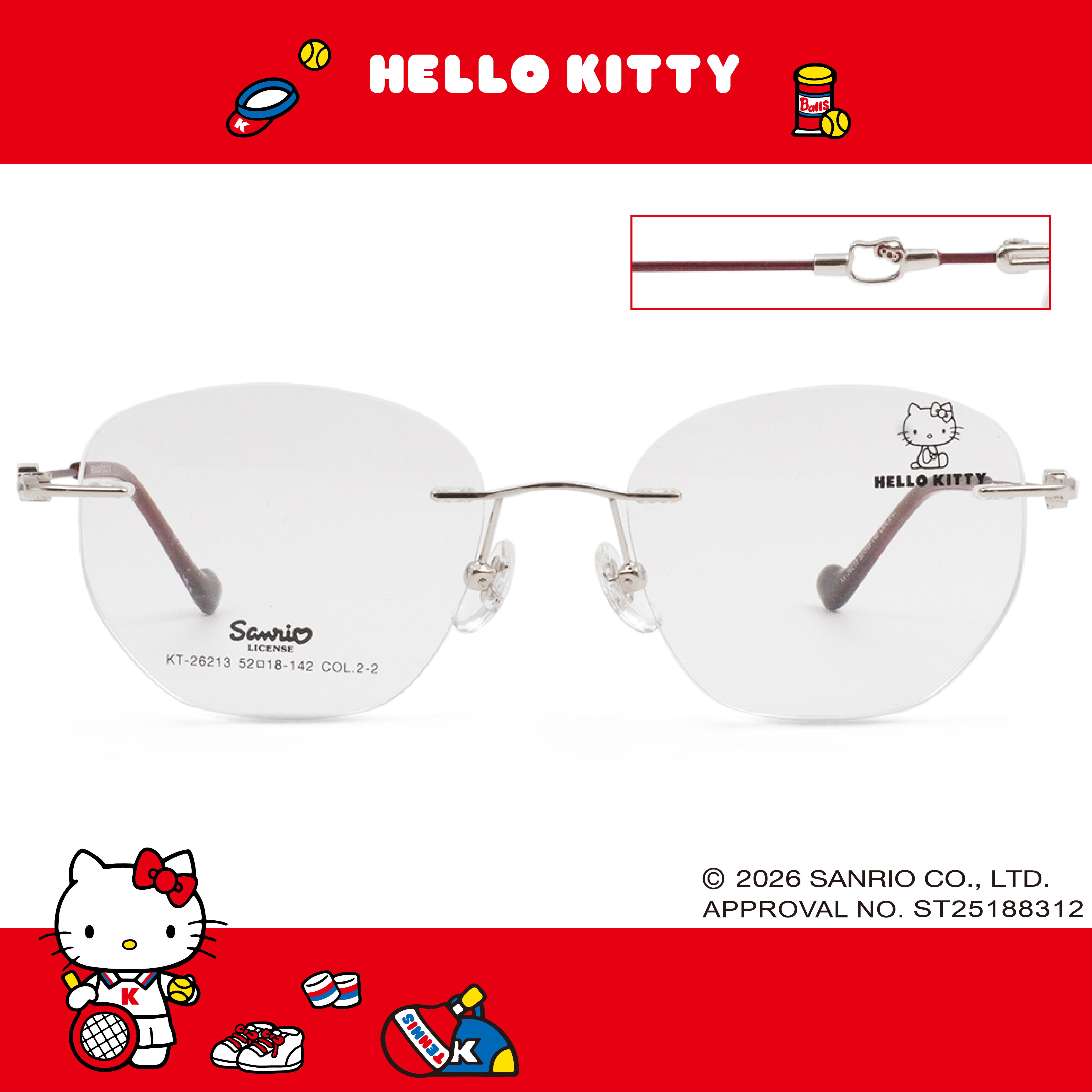 三麗鷗夢幻隊▪︎HELLO KITTY｜絲柔粉韻 多邊框無邊眼鏡｜酒紅