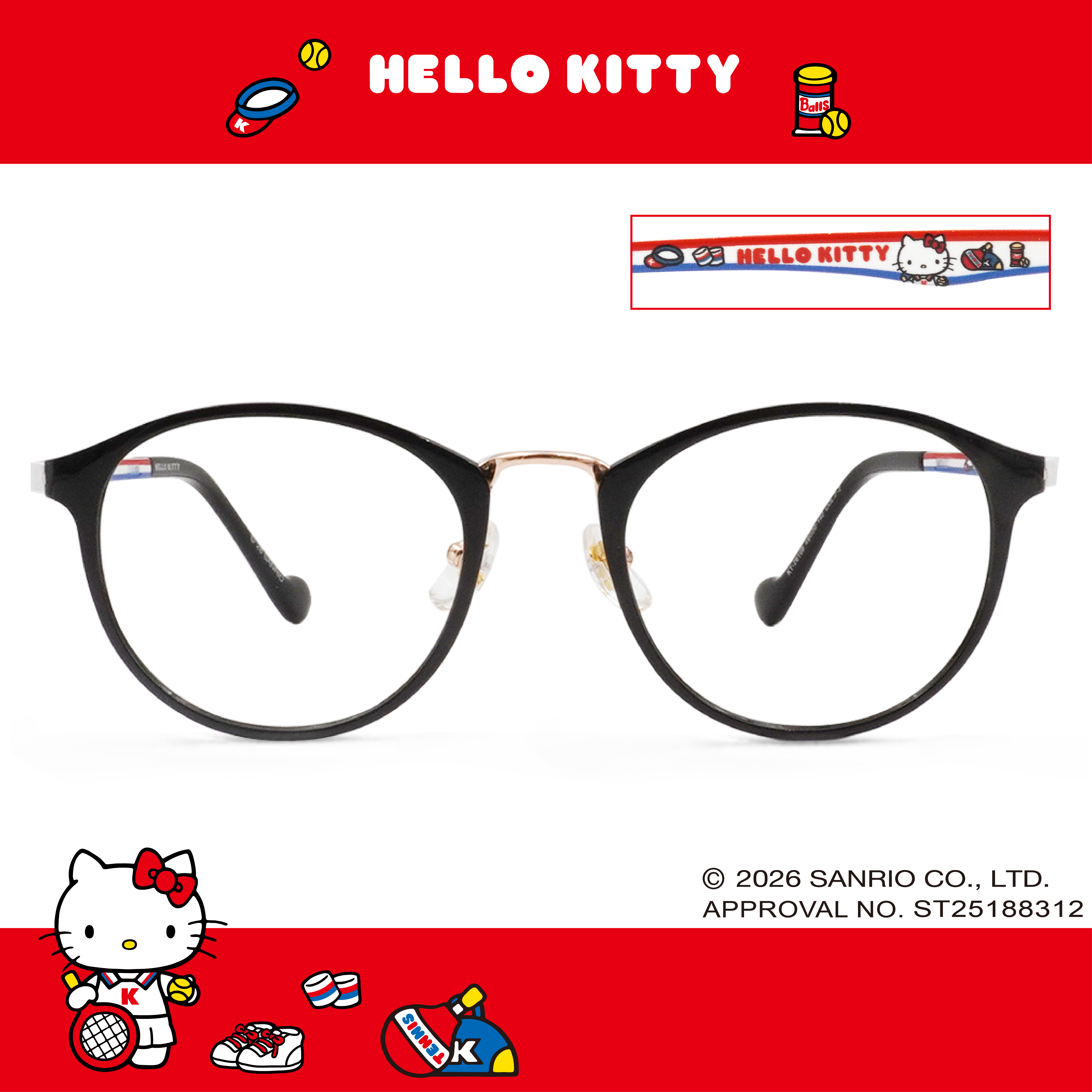 三麗鷗夢幻隊▪︎HELLO KITTY｜甜心網球時刻 圓框眼鏡｜星空黑