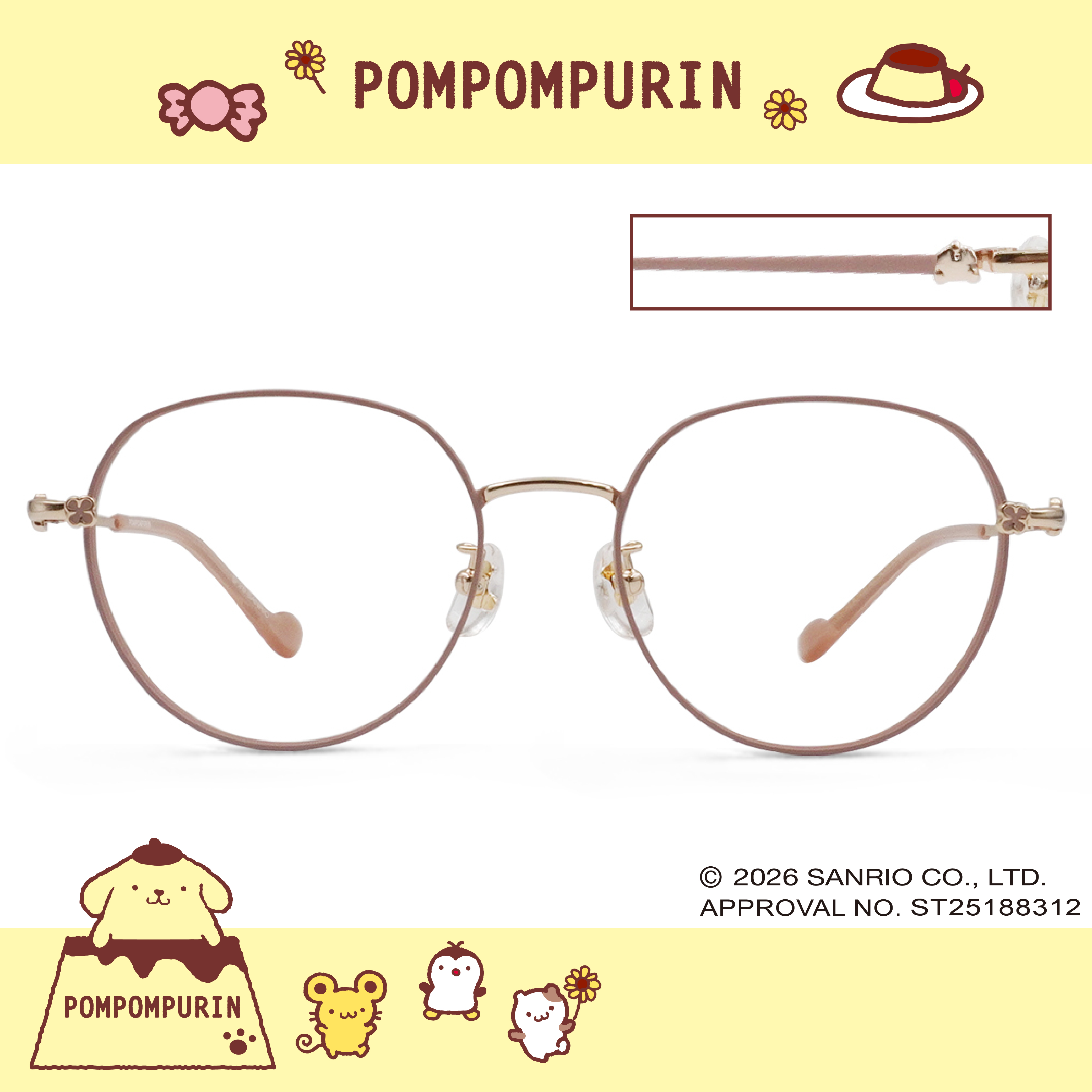 三麗鷗夢幻隊▪︎布丁狗｜甜暖小記事 圓框眼鏡｜糖霜粉金
